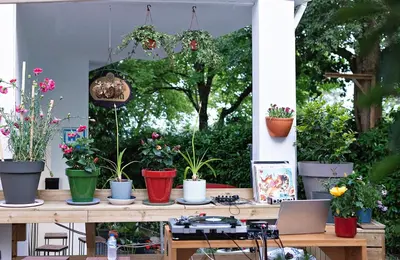a wooden table with potted plants on it at Cruce de Caminos Arzúa in Arzúa