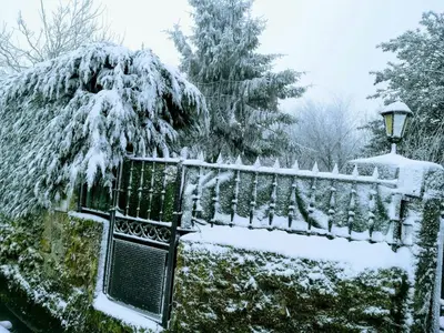 a snow covered garden with a fence and a street light at Casal de Drados in Drados