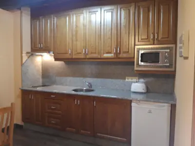 a kitchen with wooden cabinets and a sink and a microwave at Apartamento El Valle de Oscos in Santa Eulalia de Oscos