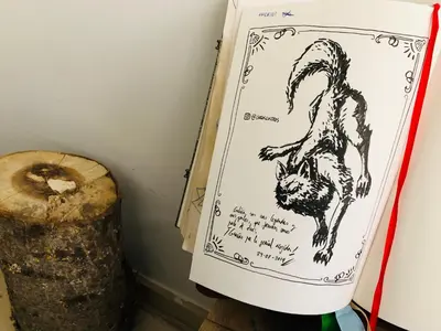 a drawing of a chimpanzee next to a stump at Albergue la Estacion Santiago de Compostela in Santiago de Compostela
