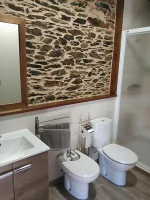 a bathroom with a toilet and a sink at Albergue Pension Porta Santa in Baleira