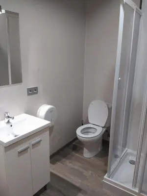 a bathroom with a toilet and a sink and a shower at Albergue Pension Porta Santa in Baleira