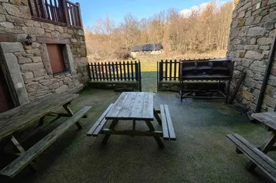 a picnic table and a grill in a yard at Casas Rurales Trefacio in Trefacio