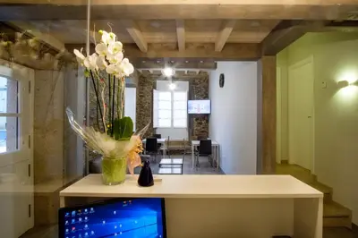 an office with a desk with a computer and a vase of flowers at Pensión Domus Gallery in Arzúa