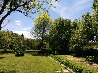 a garden with trees and grass and a path at Pazo Vilabade in Vilabade
