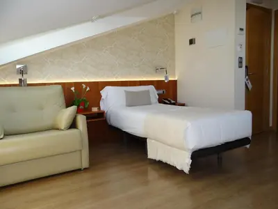 a hotel room with a bed and a couch at Pensión O Códice by Moradas Nieto in Santiago de Compostela