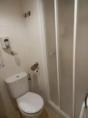 a small bathroom with a toilet and a shower at Hotel Metropol by Carris in Lugo