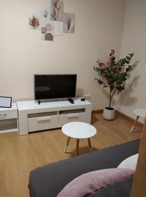 a living room with a flat screen tv on a white cabinet at Castelao Apartments in Arzúa