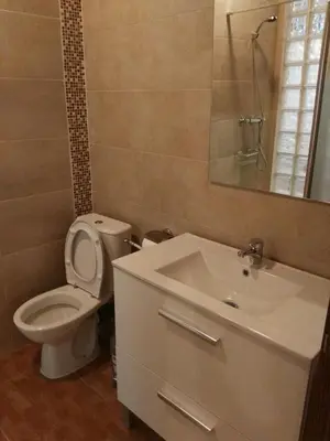 a bathroom with a toilet and a sink and a mirror at Pension Vilanova in Sigüeiro