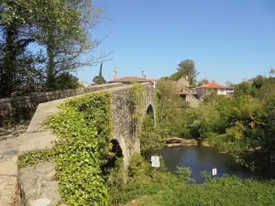 an old stone bridge over a river with ivy at Casa Saleta in Melide