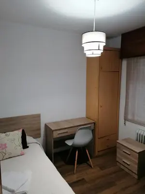 a bedroom with a bed and a desk and a chair at Hostal Forest in Santiago de Compostela