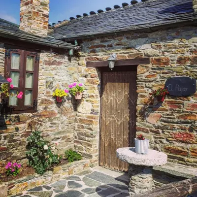 an old stone building with a wooden door and flowers at Apartamentos Casa de Riba in Teijeira