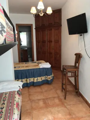 a room with a bed and a chair and a tv at Os Arroxos in Trabadelo