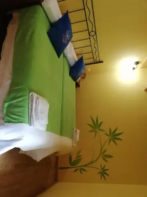 a bedroom with a bed with a green blanket at Hosteria Calixtino in Palas de Rei