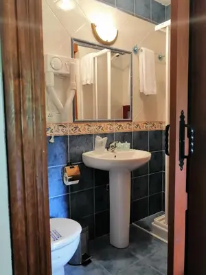 a bathroom with a sink and a toilet and a mirror at Las Rocas in Vega de Valcarce