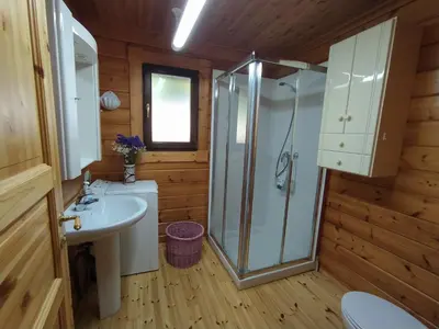 a bathroom with a shower and a sink at El Estudio in Ferreirós