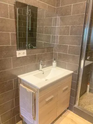 a bathroom with a sink and a shower at Apartamento Las Medulas in Covas