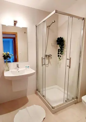 a bathroom with a shower and a sink at Masquestar Rías Altas in Foz