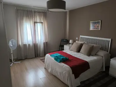 a bedroom with a large bed and a fan at Piso Ponferrada in Ponferrada
