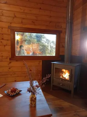 a living room with a fireplace in a log cabin at Veiga Mariña in Pontevedra