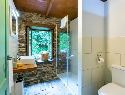 a bathroom with a walk in shower and a toilet at Casas del Molino - Muiños do Mainzoso Turismo Rural in Paderne