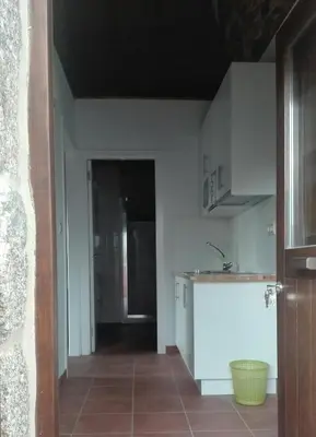 a kitchen with white cabinets and a counter top at Apartamento Carballo Do Xurès in Maus de Salas
