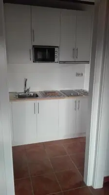 a kitchen with white cabinets and a sink and a microwave at Apartamento Carballo Do Xurès in Maus de Salas