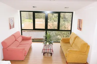a living room with two couches and a potted plant at Hotel Amenal in Amenal