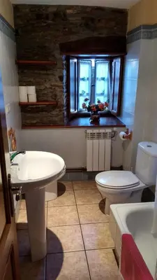 a bathroom with a sink and a toilet and a window at Apartamentos Los Castros in San Tirso de Abres