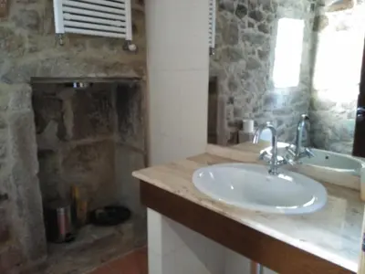 a bathroom with a sink and a stone wall at Casa dos Eiriz in Souto
