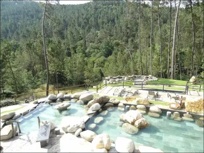 a large swimming pool with rocks in a zoo at Loft Medieval in Ribadavia
