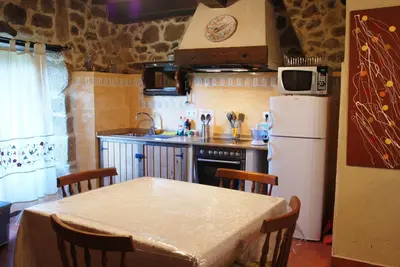 a kitchen with a table and a white refrigerator at Complejo rural Aira Sacra-Ribeira Sacra in Vilamelle