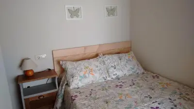 a bedroom with a bed with a pillow and a nightstand at Casa fonte da pena in Rinlo