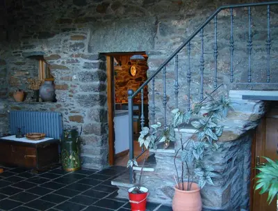 a stone building with a staircase and potted plants at Casa dos Pedrouzos in Doncos