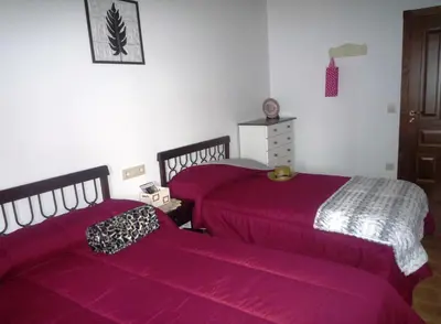 two beds in a room with purple sheets at Albergue-Hostel Casa da Gandara in Boimorto