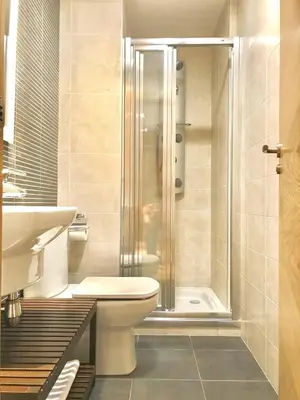 a bathroom with a shower and a toilet and a sink at Alojamiento La Rosaleda in Ponferrada