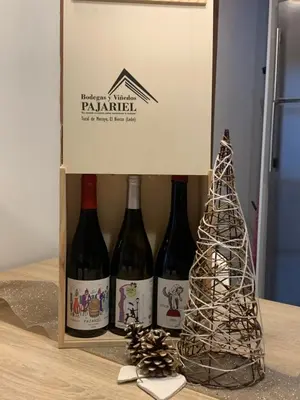 three bottles of wine in a box on a table at Alojamiento La Rosaleda in Ponferrada