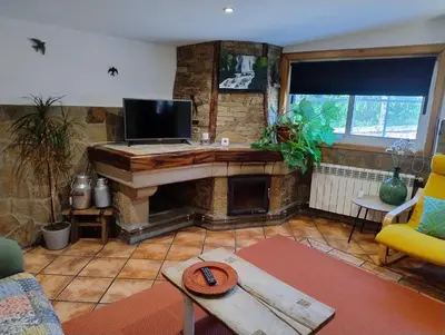 a living room with a fireplace and a television at Casa Bartulo in Castrofeito