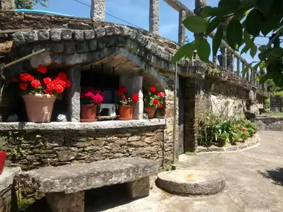a stone wall with potted flowers in a window at Casa Bartulo in Castrofeito