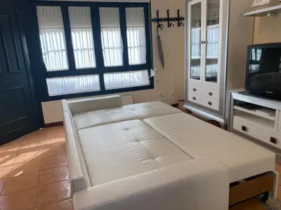 a living room with a white couch and a tv at Apartamentos Las Fuentes in Castropol
