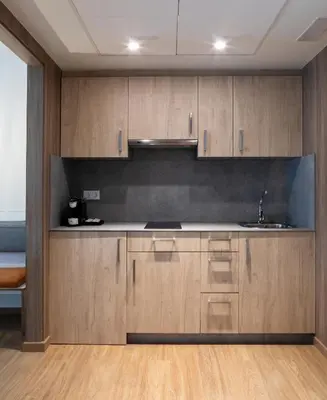 a kitchen with wooden cabinets and a sink at Apartamentos Forum Ceao in Lugo