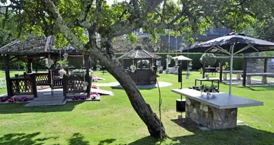 a park with tables and umbrellas and a tree at Hostal La Casilla in Guitiriz