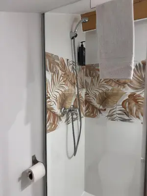 a shower with a shower head in a bathroom at Hostal As Margaritas in Santiago de Compostela