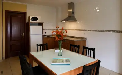 a kitchen with a table with a vase of flowers on it at Viviendas Turisticas Tapia in Tapia de Casariego