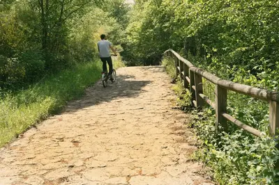 a man riding a bike down a dirt trail at Galpon Boutique Aldea De Abaixo in Palas de Rei