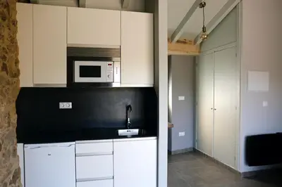 a kitchen with white cabinets and a microwave at Galpon Boutique Aldea De Abaixo in Palas de Rei