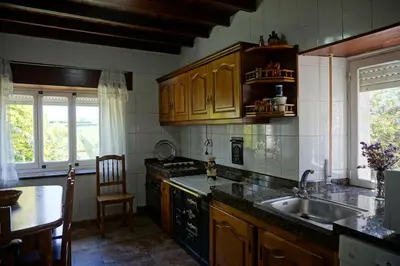 a kitchen with wooden cabinets and a sink and a stove at Casa Maricuelo in Castropol