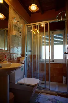 a bathroom with a shower and a toilet and a sink at Casa Maricuelo in Castropol