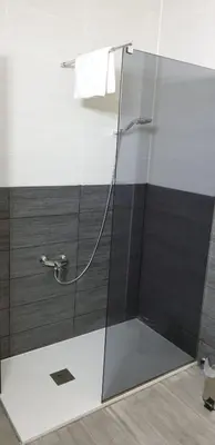 a shower with a glass door in a bathroom at Hotel O Camiño in O Barco de Valdeorras