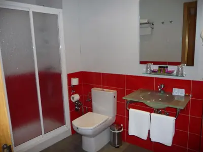 a red bathroom with a toilet and a sink at Hortas P.R. in Santiago de Compostela